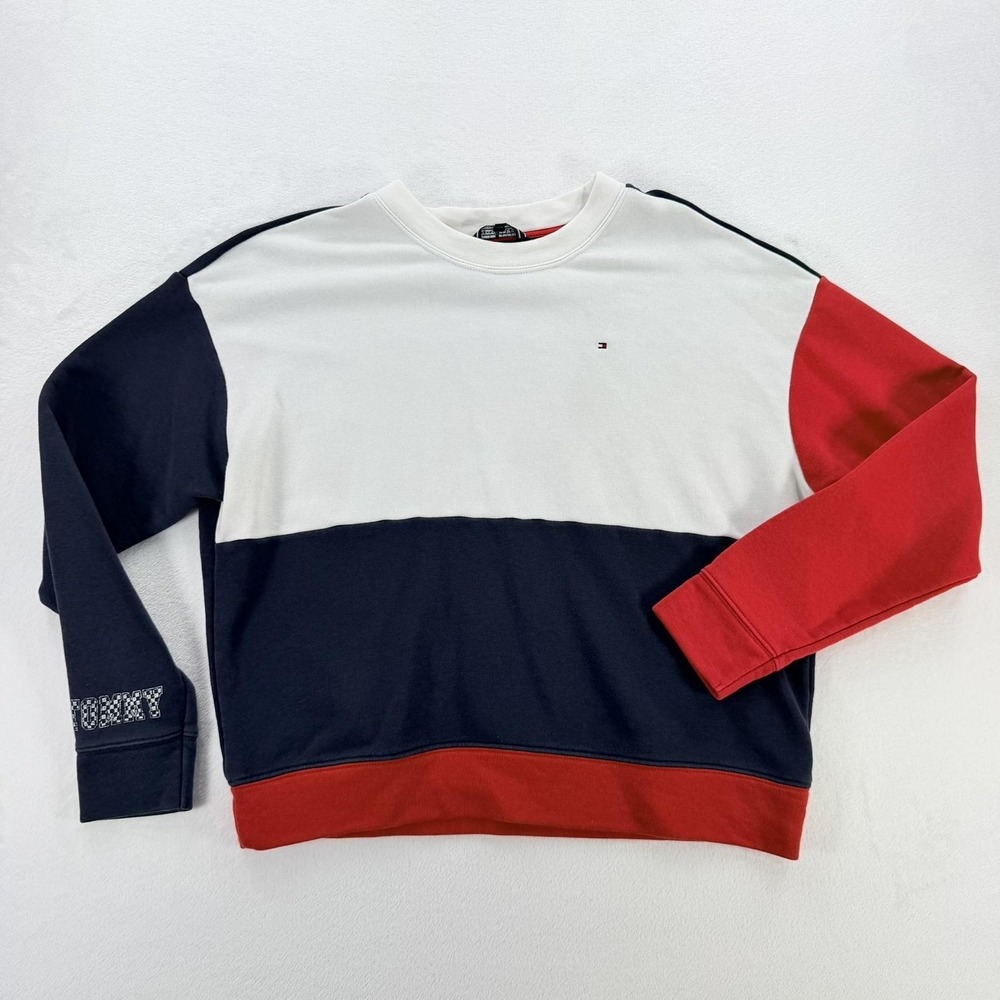 Tommy Hilfiger Sweatshirt Womens Medium Navy Red Colorblock Fleece Logo Pullover